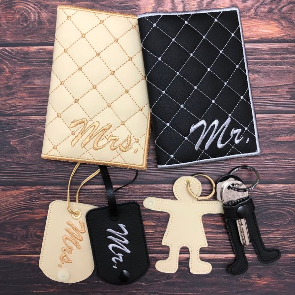 Set of machine embroidery designs FOR HER and FOR HIM: passport covers, luggage tags and key chains