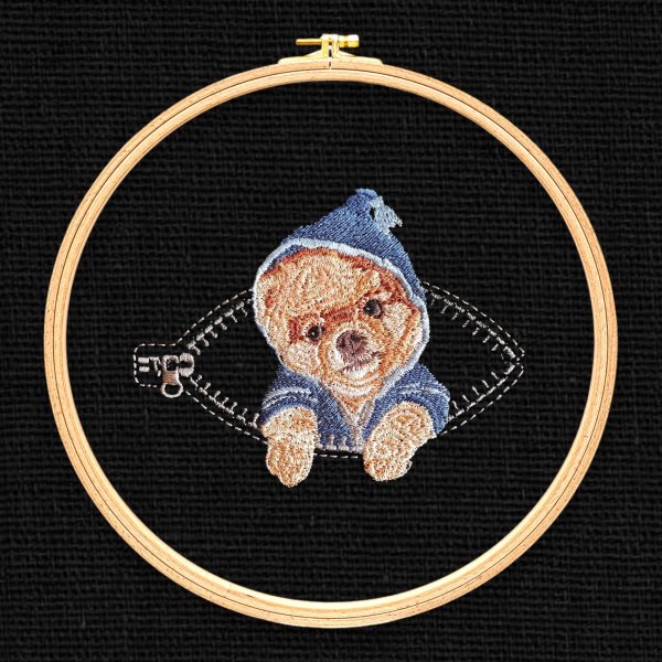 Spitz in a pocket with a zipper Miniature realistic machine embroidery design