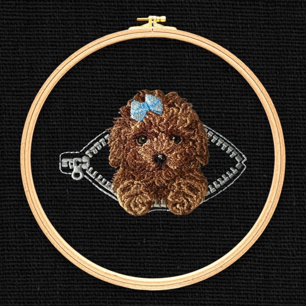 Curly poodle in a pocket with a zipper Miniature realistic machine embroidery design