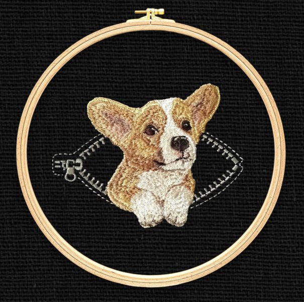 Corgi in a pocket with a zipper Miniature realistic machine embroidery design