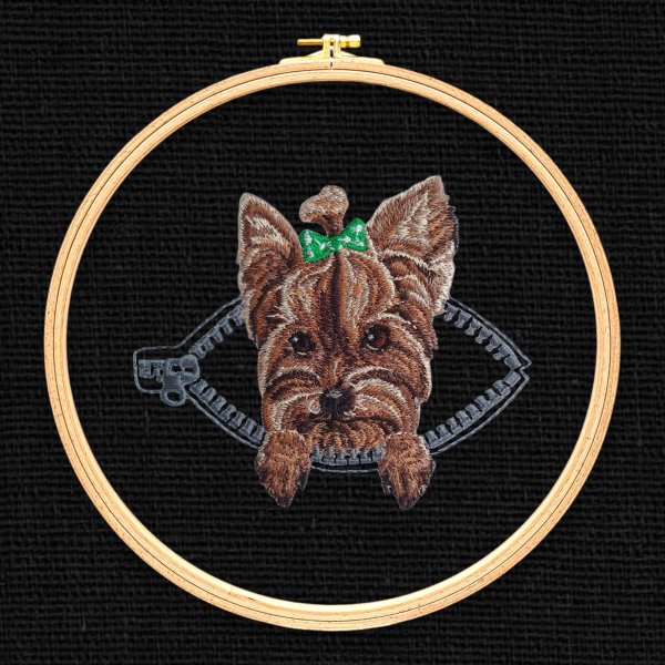 York in a pocket with a zipper Miniature realistic machine embroidery design Pet design Dog realisti