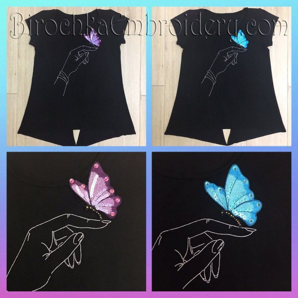 Machine embroidery design FSL Butterfly Brooch and Embroidered Hand