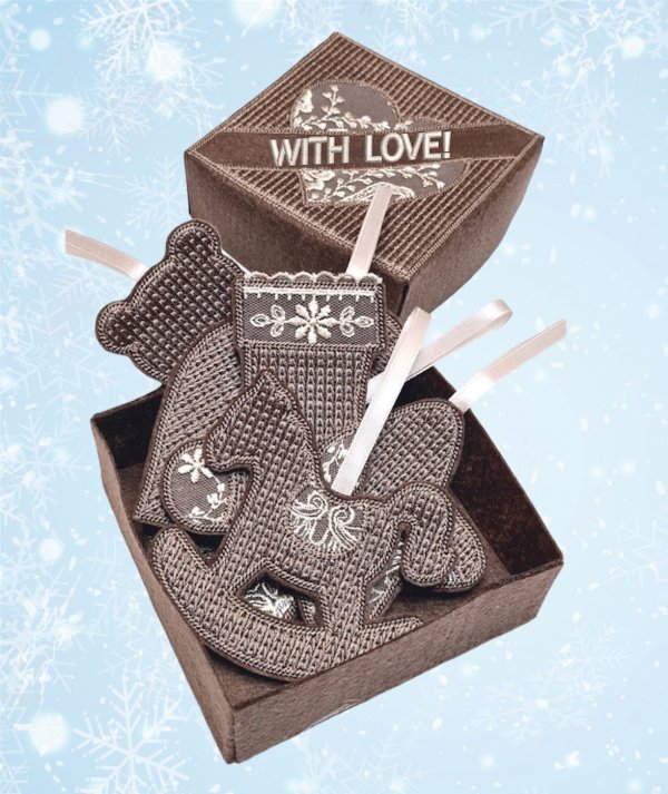 New Year's set of designs of six Christmas tree decorations and a gift box