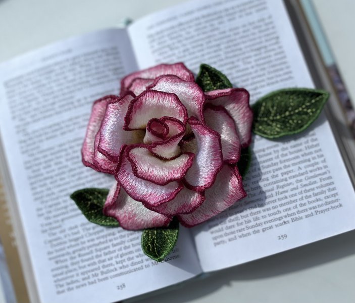 Machine embroidery design in art stitch technique FSL brooch  “Beautiful Rose”