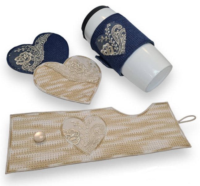 Set of cup holder and warmer for a mug in the hoop with knitted effect