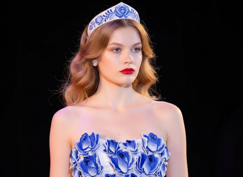 Ободок-кокошник в стиле Гжель проект в пяльцах дизайн машинной вышивки   Вышивается и изготавливаетс